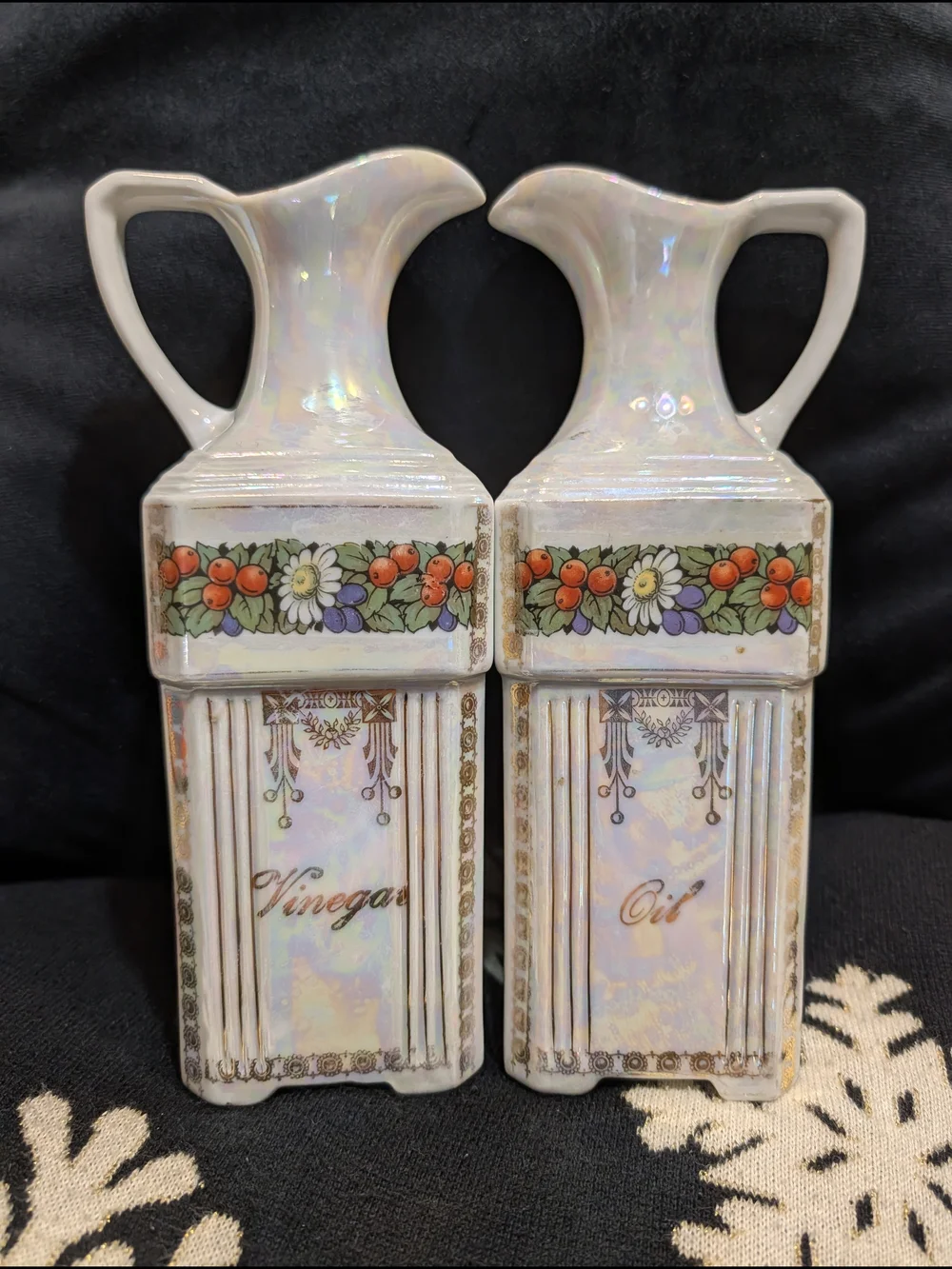 Iridescent White Ceramic Oil and Vinegar Antique German Porcelain Set